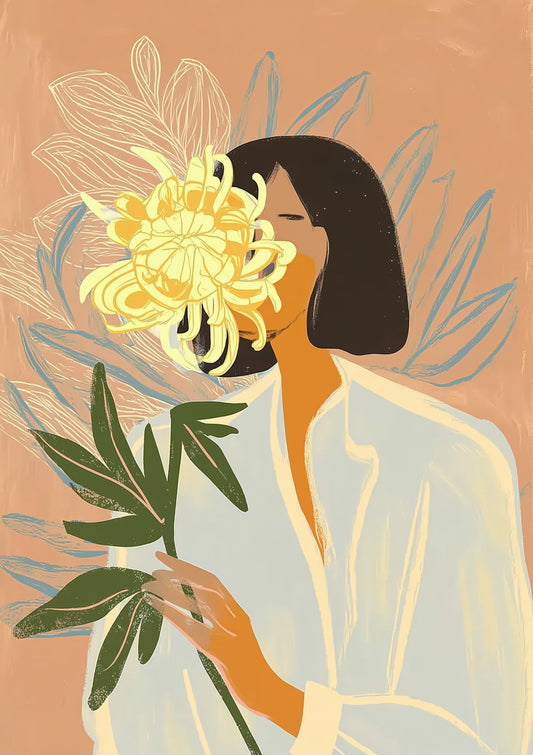 Woman and Chrysanthemum Print, Painterly Wall Art