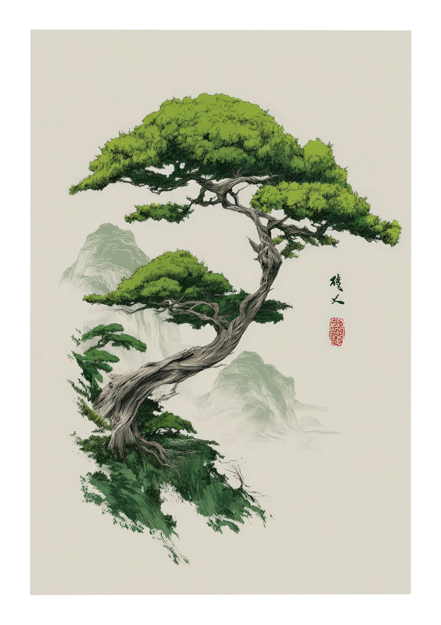 Green Bonsai Print, Japanese Wall Art