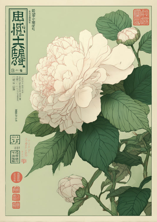 White Peony Print, Japanese Botanical Wall Art