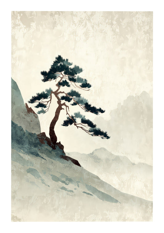 Misty Pine Print, Japanese Landscape Wall Art