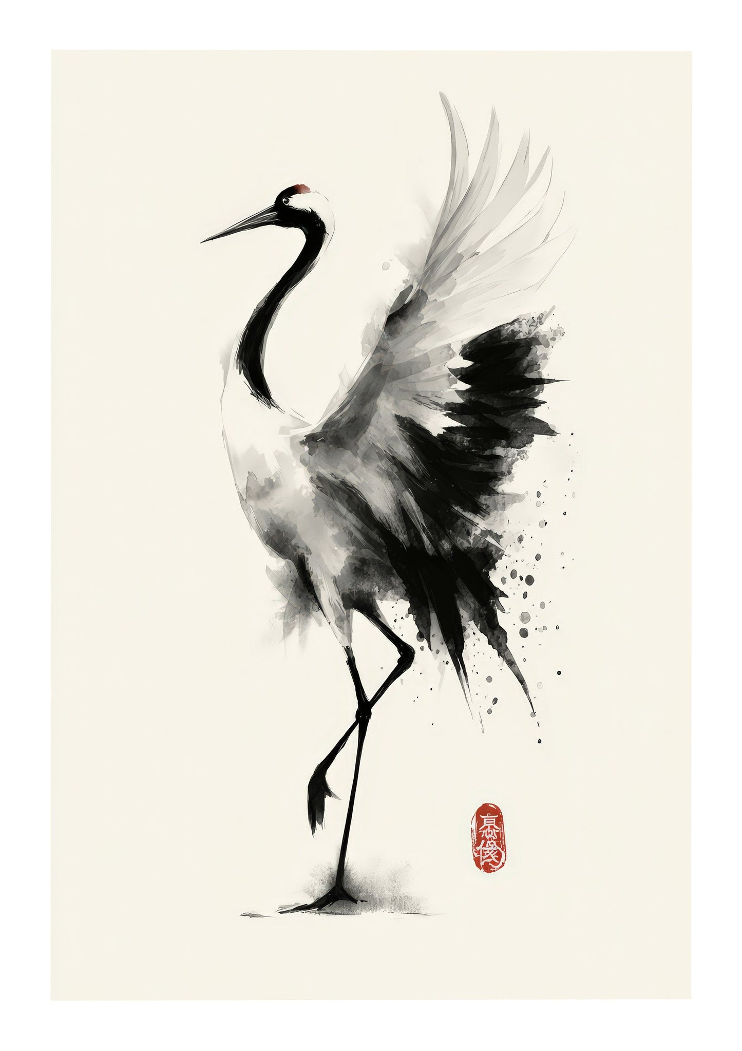 Dancing Crane Print, Japanese Ink Wall Art