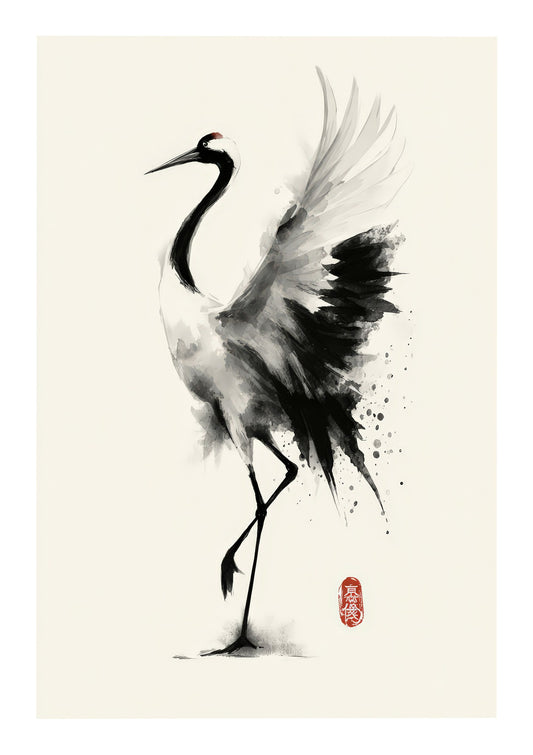 Dancing Crane Print, Japanese Ink Wall Art