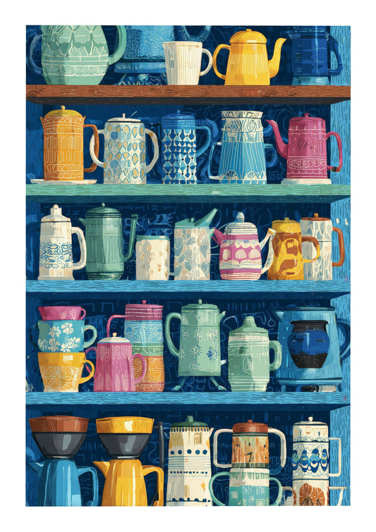 Teapot Shelf Print, Colourful Kitchen Wall Art