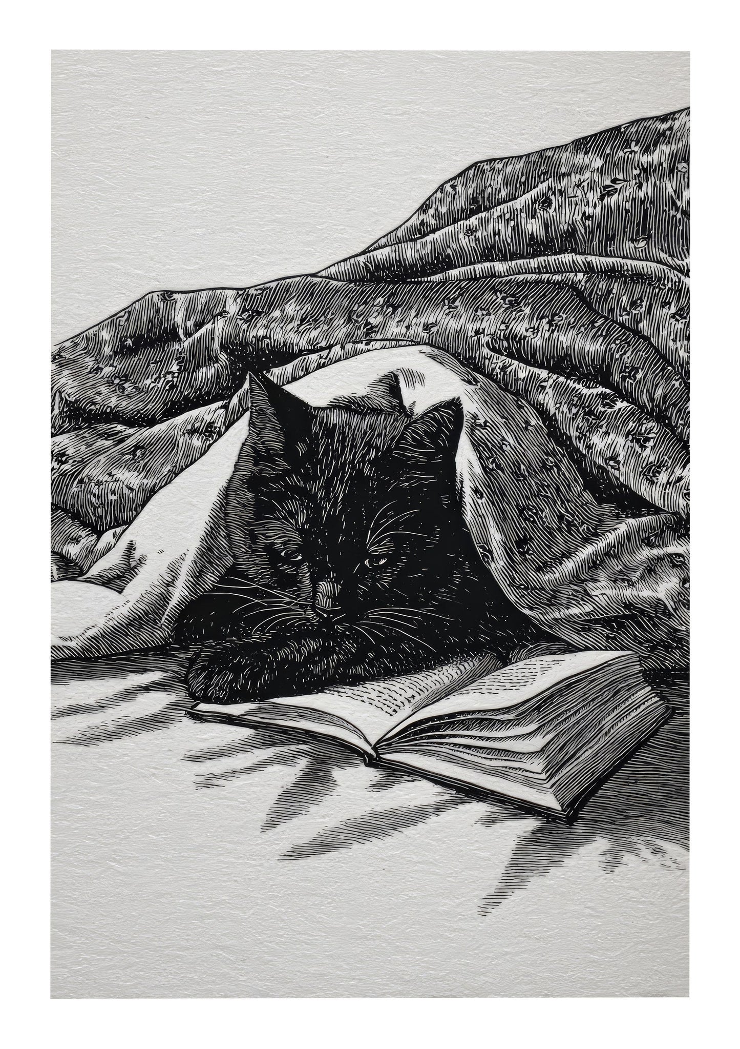 Reading Cat Print, Pencil Animal Wall Art