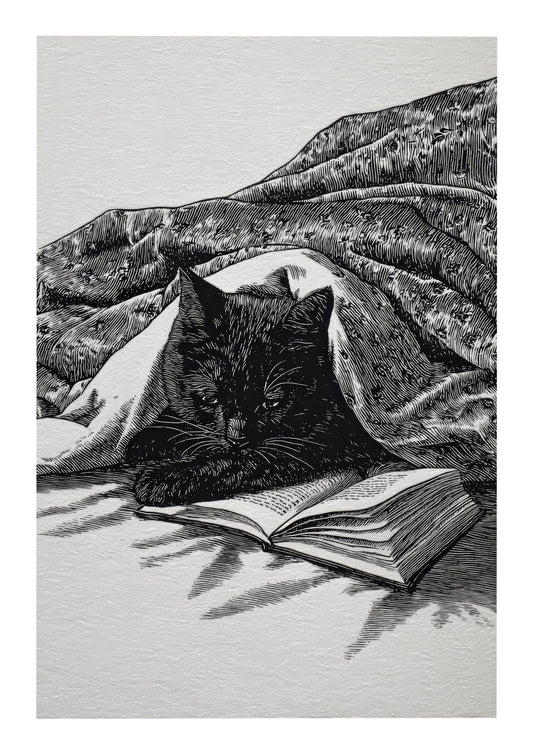 Reading Cat Print, Pencil Animal Wall Art