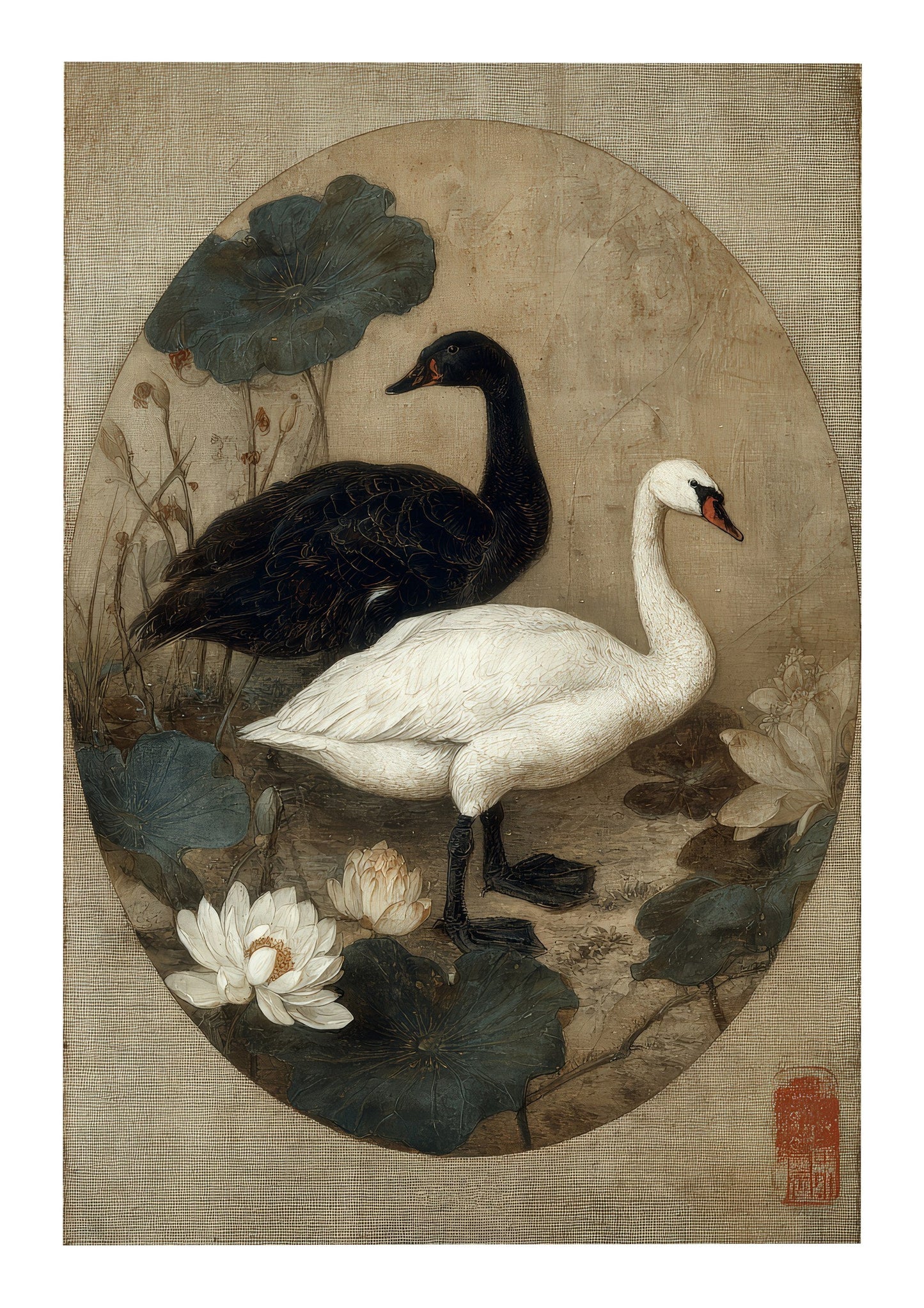 Swans Print, Japanese Ink Wall Art