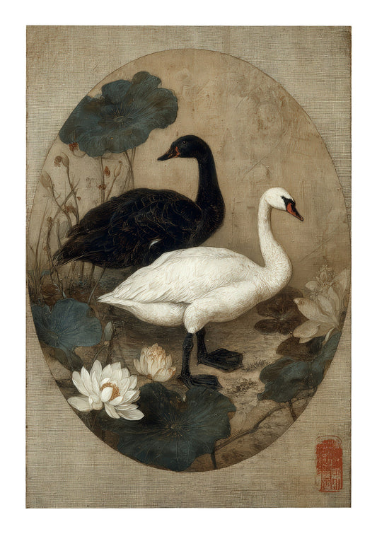 Swans Print, Japanese Ink Wall Art