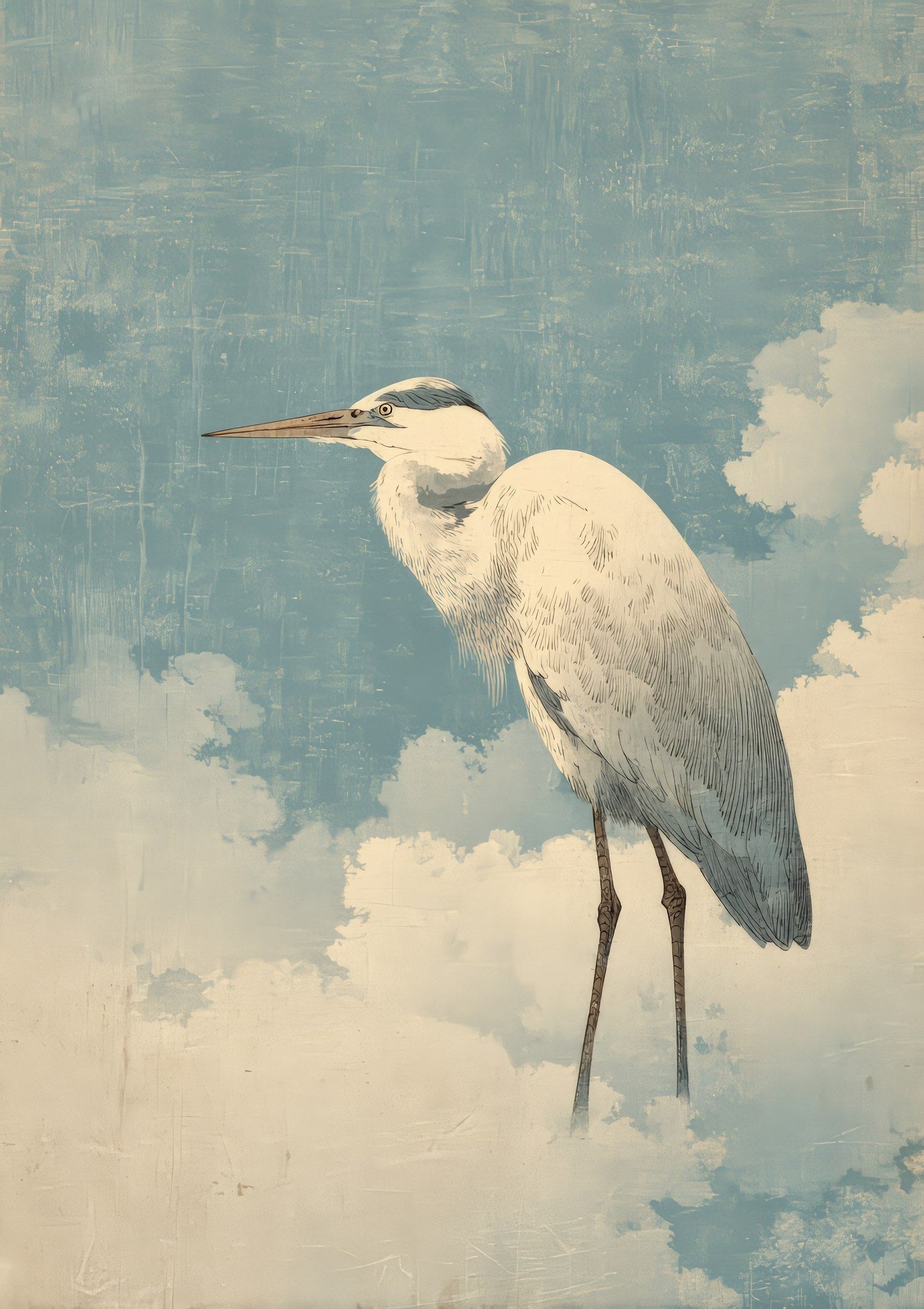 Heron in Clouds Print, Japanese Bird Wall Art