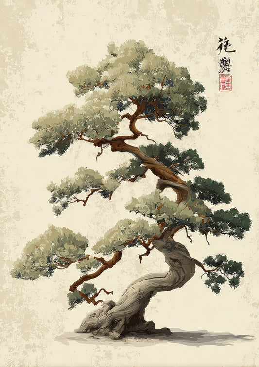 Pine Bonsai Print, Japanese Ink Wall Art