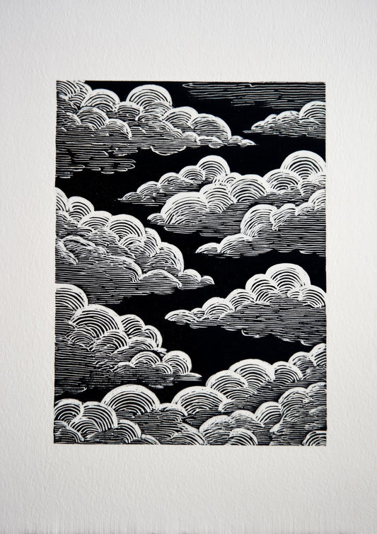 Cloud Print, Black and White Linocut Wall Art