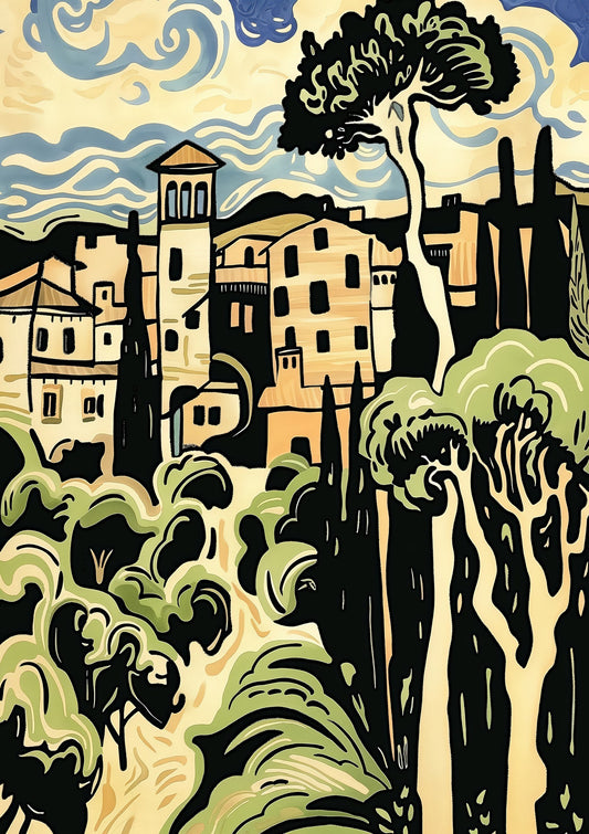 Tuscan Village Print, Folk Landscape Wall Art