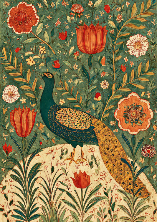 Peacock and Tulips Print, Folk Botanical Wall Art