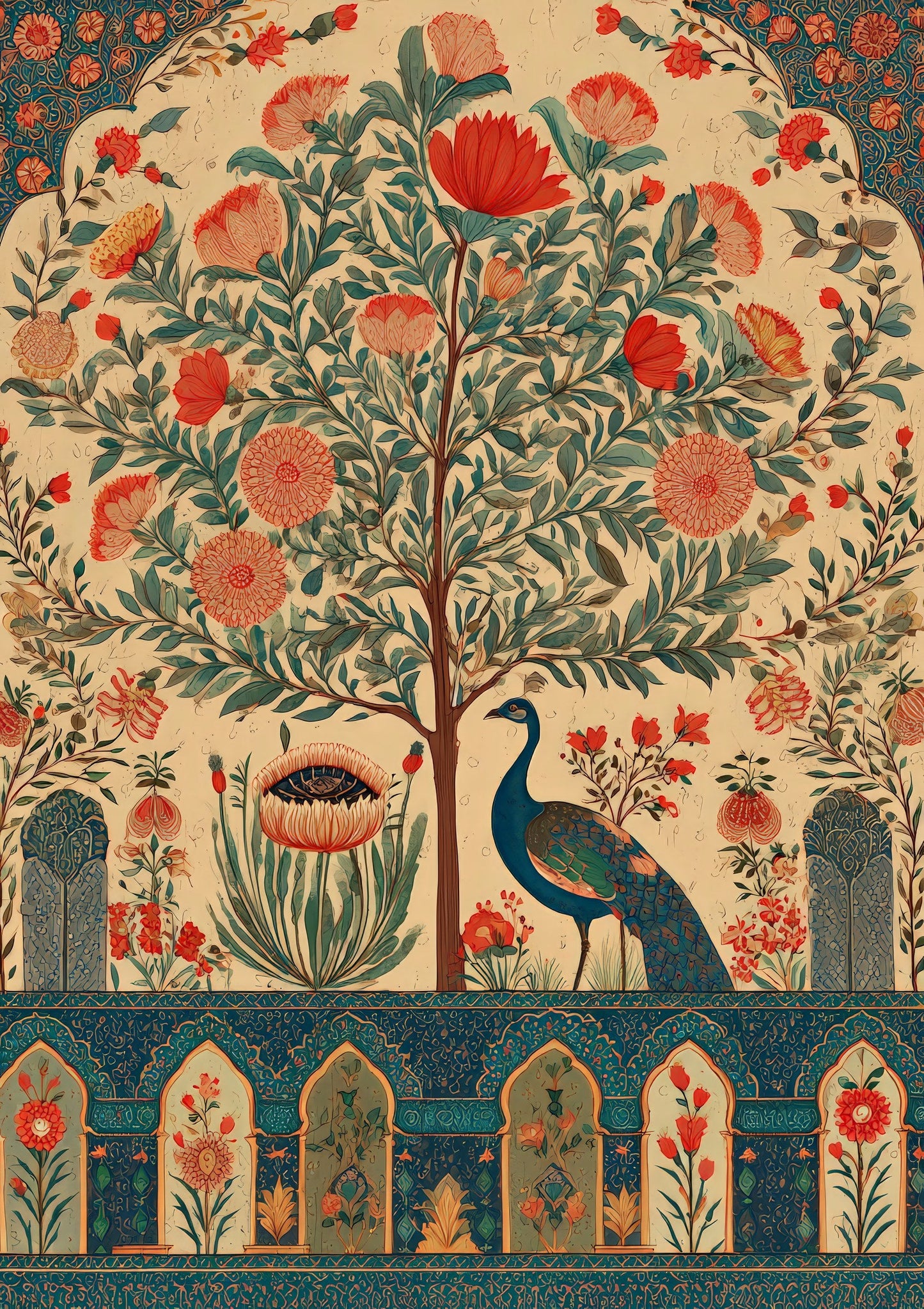 Tree of Life Print, Folk Peacock Wall Art