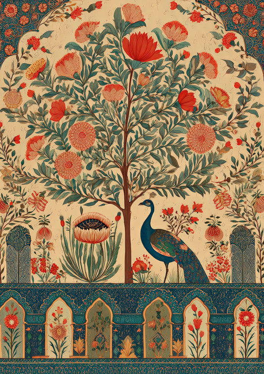 Tree of Life Print, Folk Peacock Wall Art
