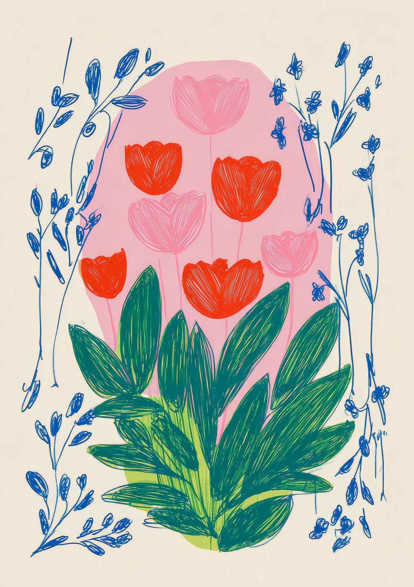 Red Tulips Print, Folk Floral Wall Art
