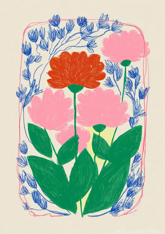 Red Carnation Print, Folk Floral Wall Art