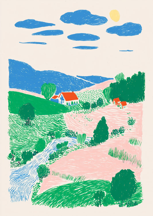 Naive Landscape Print, Folk Hills Wall Art