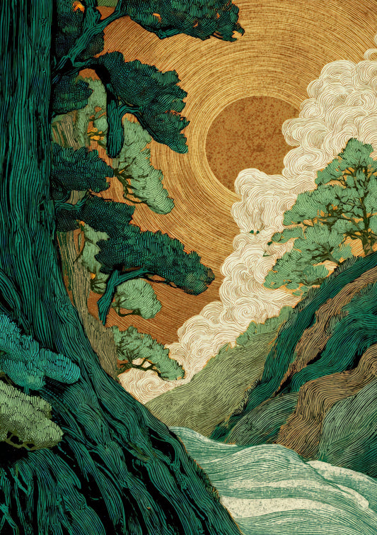 Woodblock Landscape Print, Japanese Sun Wall Art