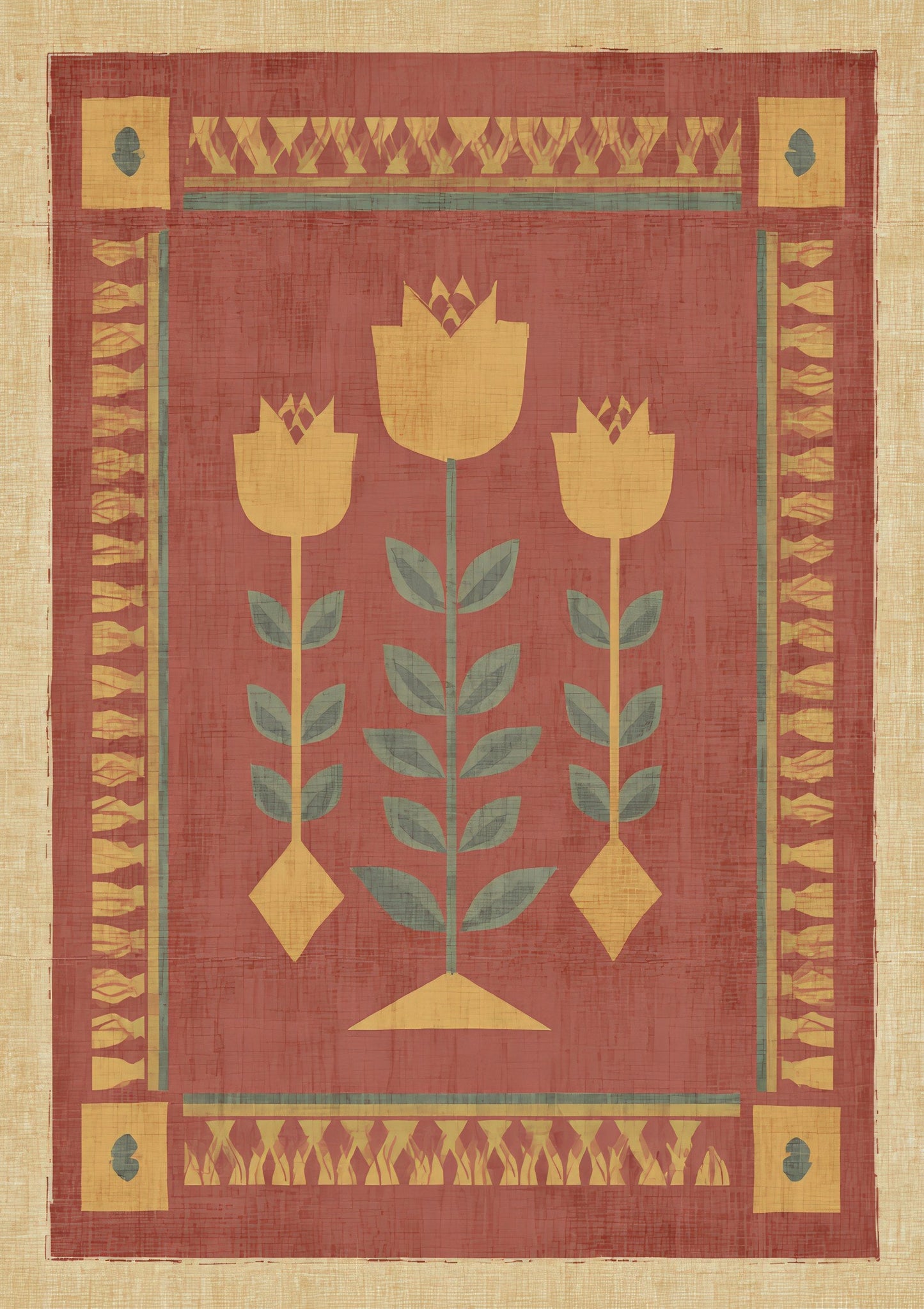 Folk Tulip Print, Red Heritage Wall Art