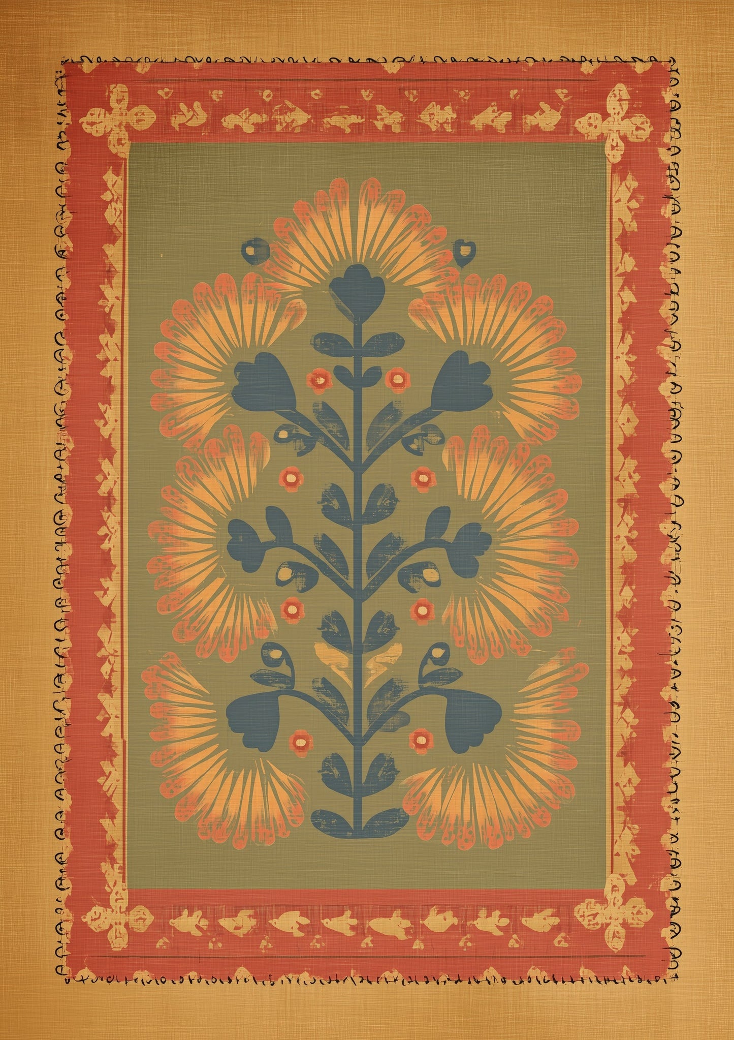 Folk Tree Print, Gold and Red Wall Art