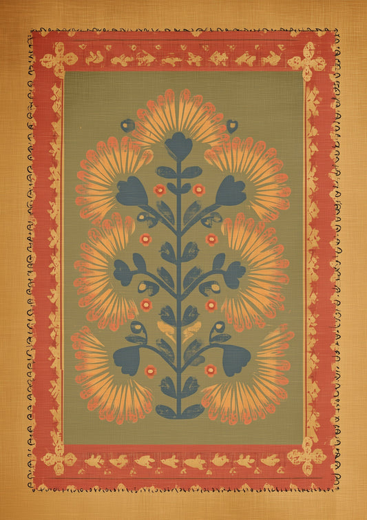 Folk Tree Print, Gold and Red Wall Art