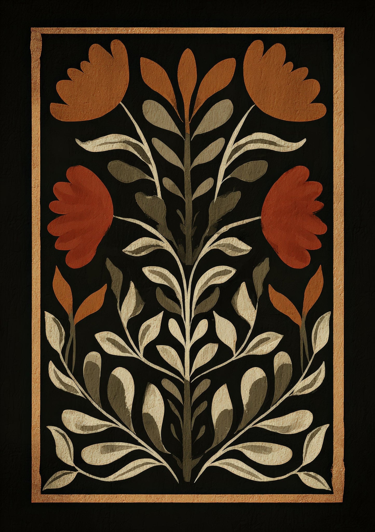 Folk Tulip Print, Black Panel Wall Art