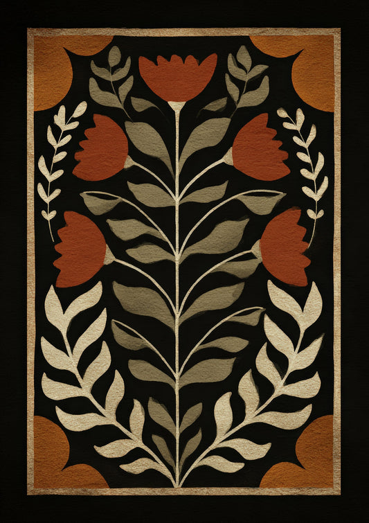 Folk Flower Print, Black Heritage Wall Art