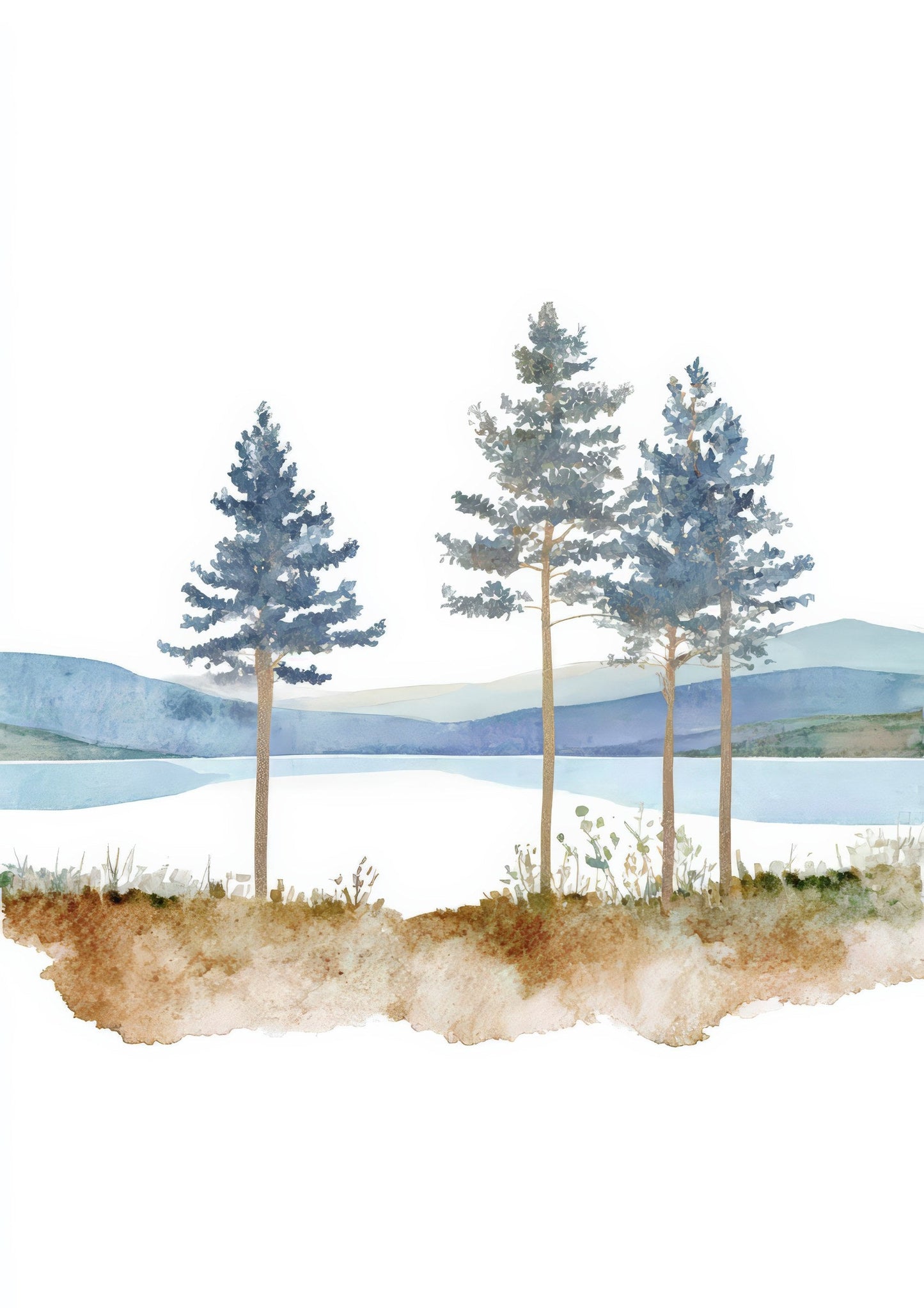 Lakeside Pines Print, Watercolour Landscape Wall Art