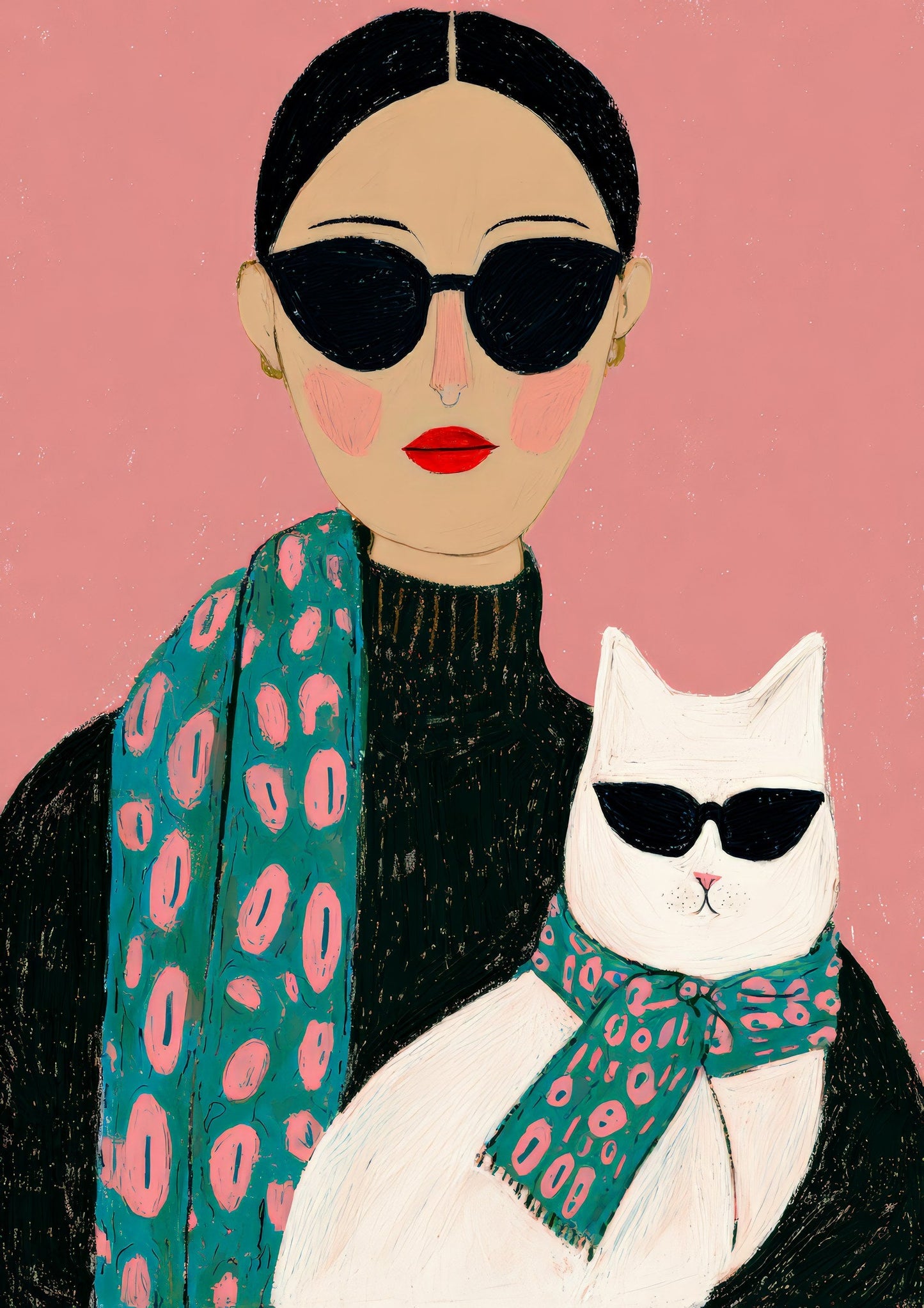 Woman and Cat Print, Quirky Figurative Wall Art