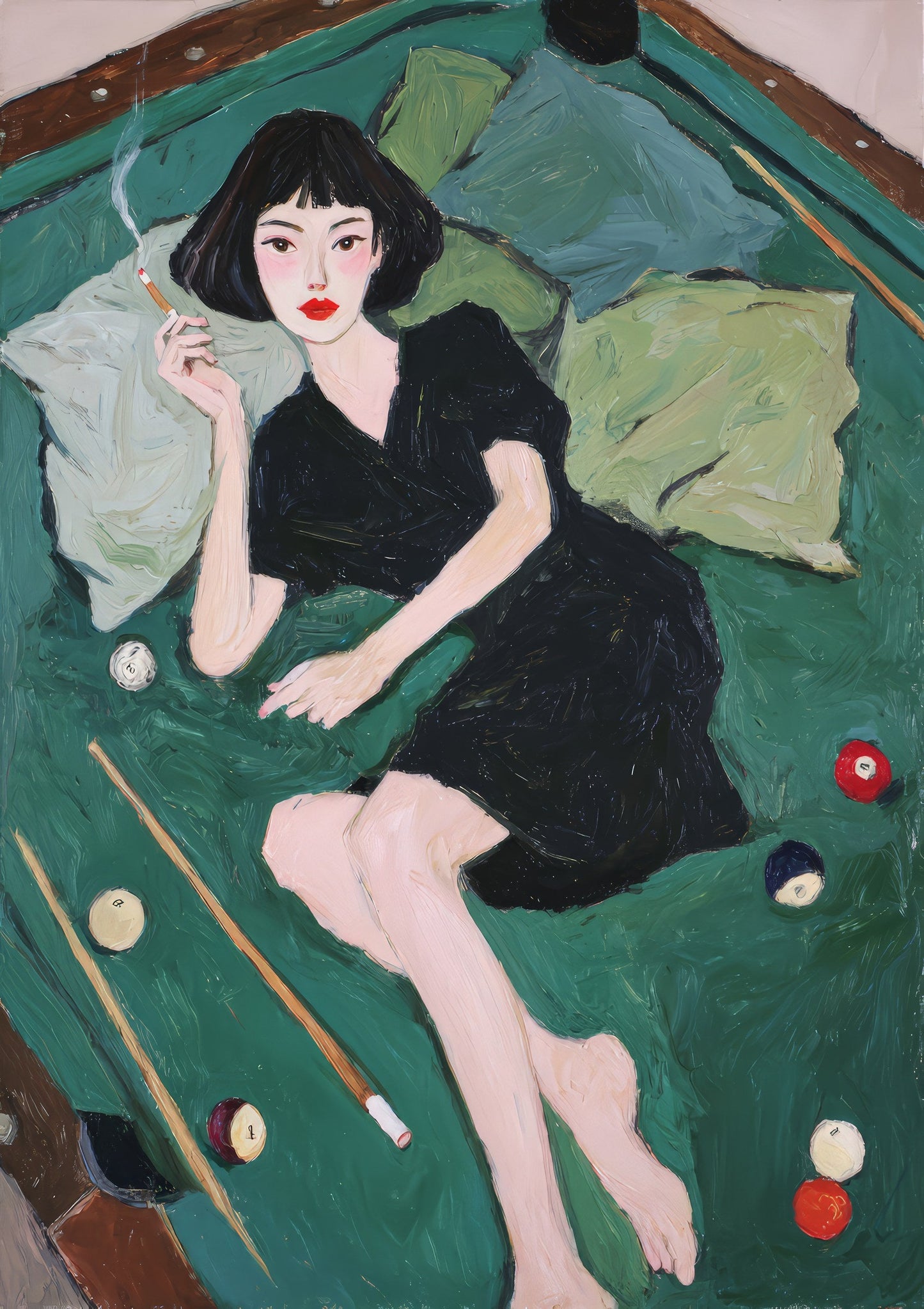 Woman on a Pool Table Print, Figurative Wall Art