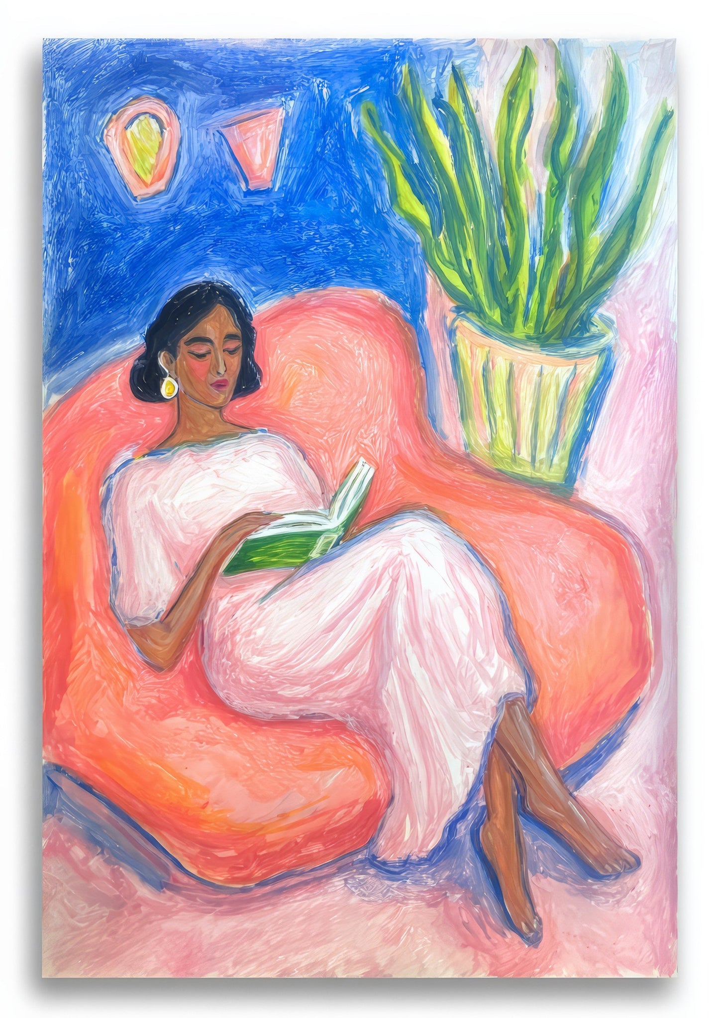 Woman Reading Print, Folk Figurative Wall Art