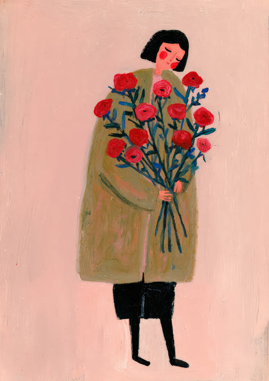 Woman with a Bouquet Print, Folk Figurative Wall Art