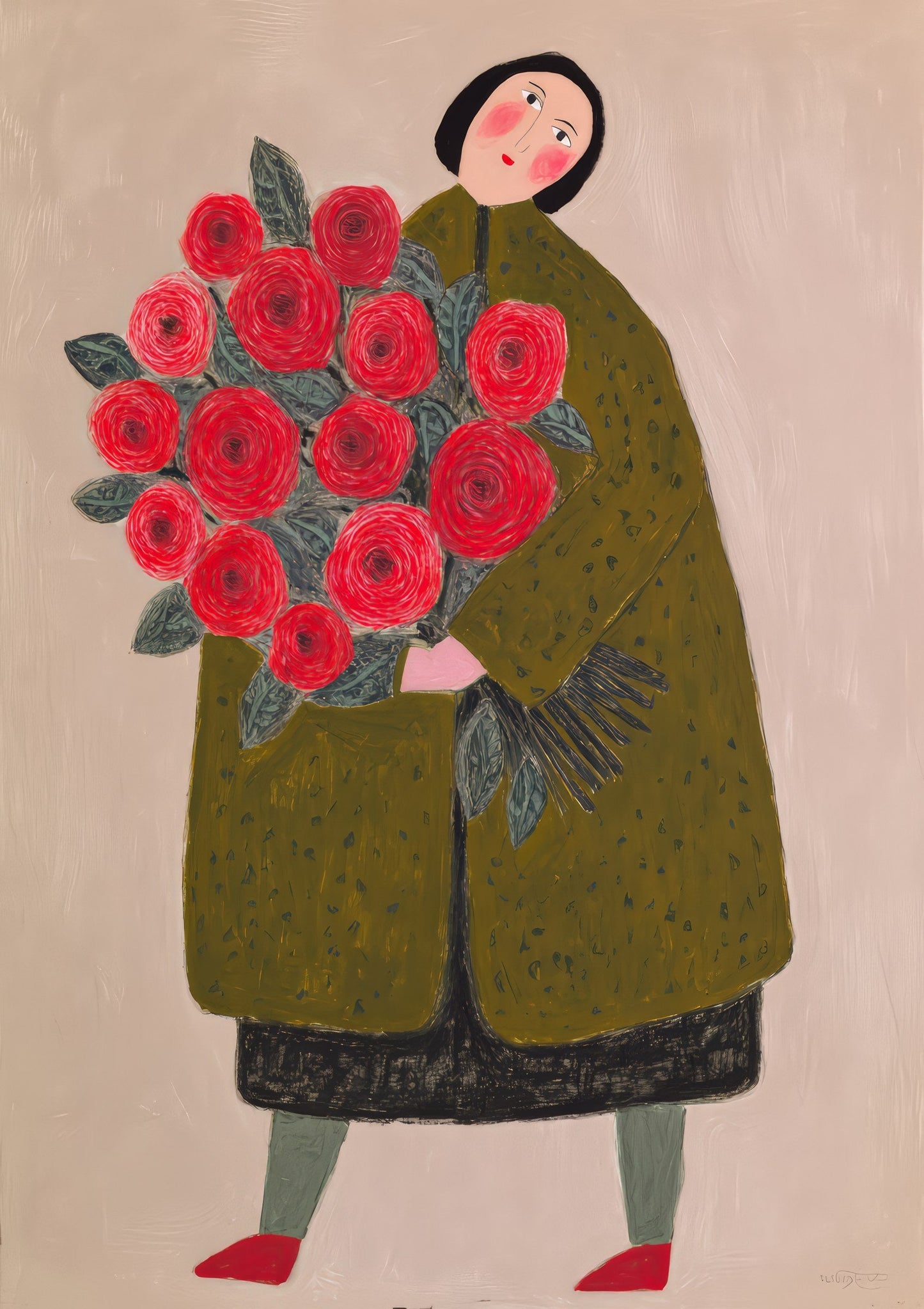 Bouquet of Roses Print, Folk Figurative Wall Art