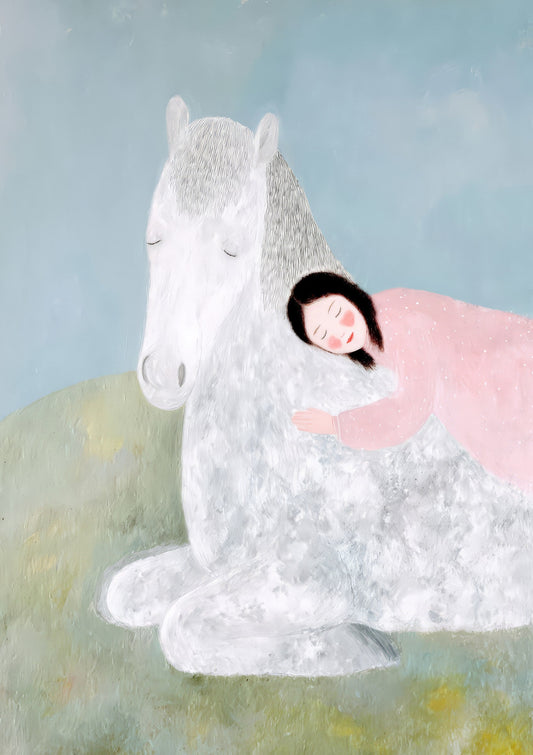 Girl and White Horse Print, Dreamy Wall Art
