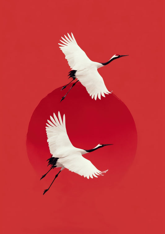 Cranes and Red Sun Print, Minimalist Japanese Wall Art