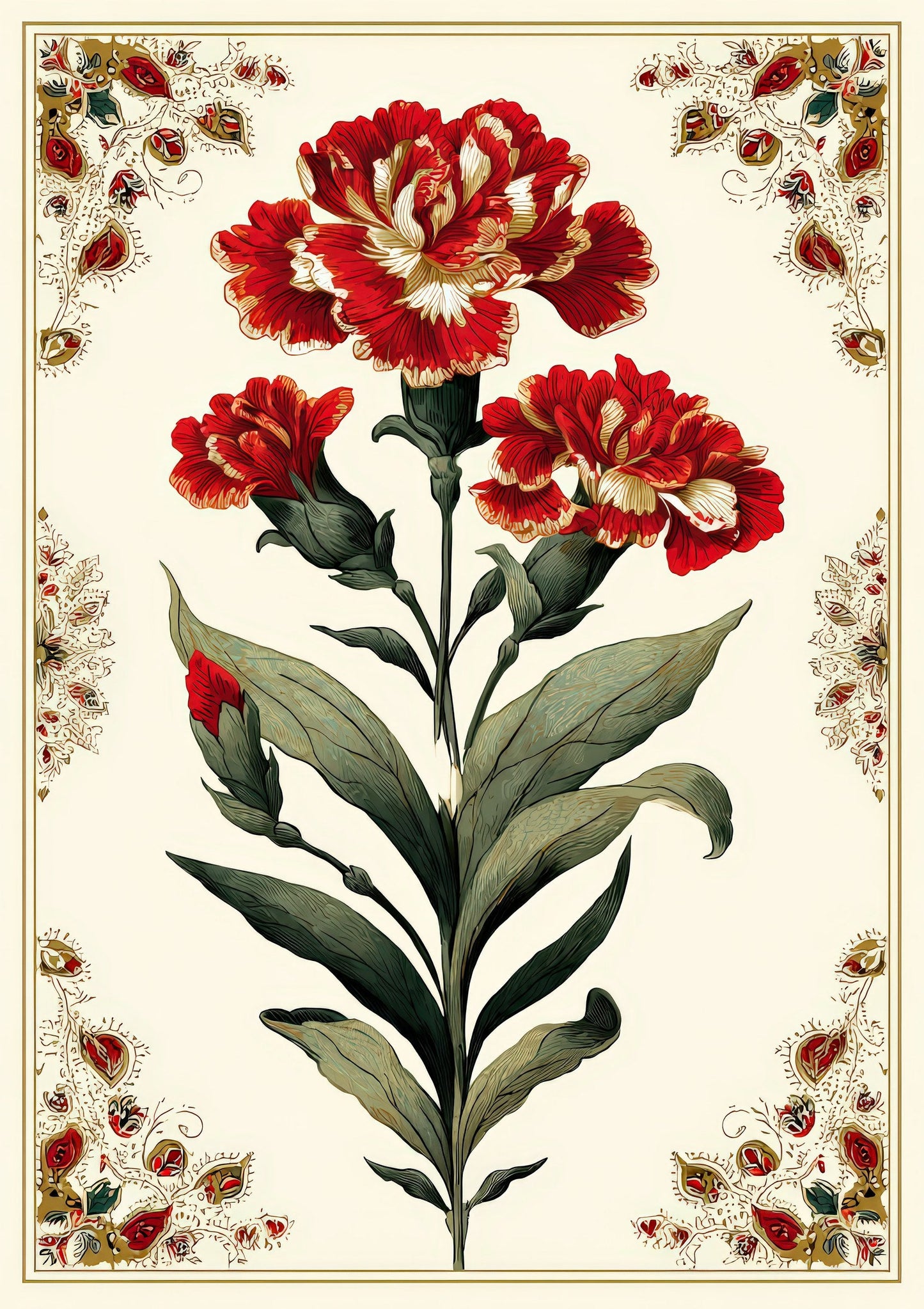 Red Carnation Print, Vintage Botanical Wall Art
