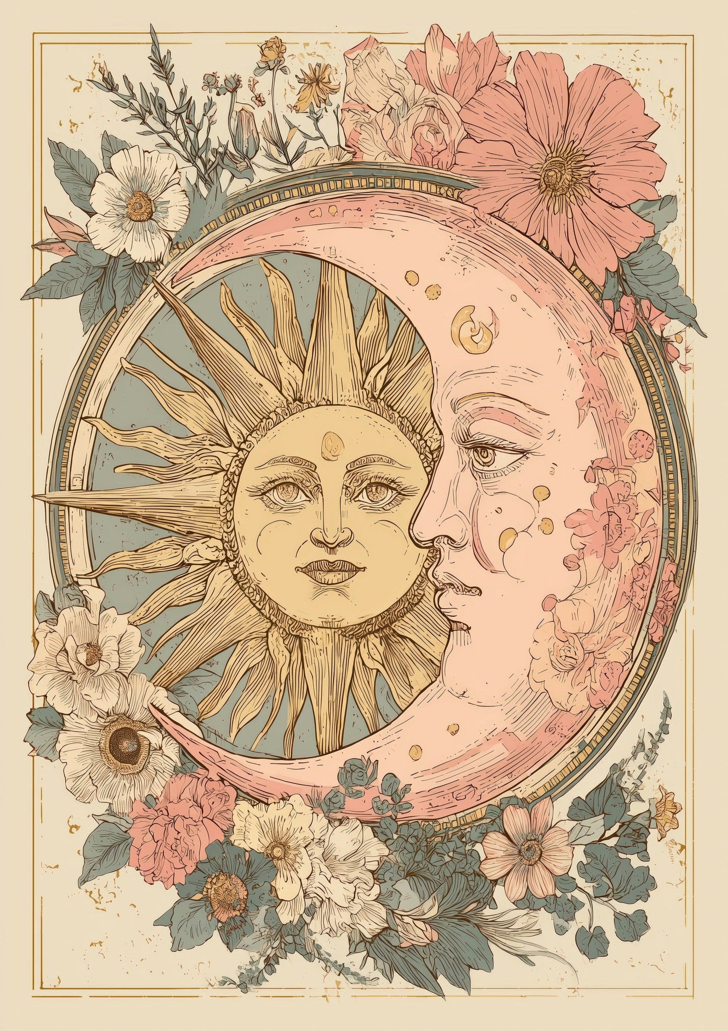 Sun and Moon Print, Celestial Floral Wall Art