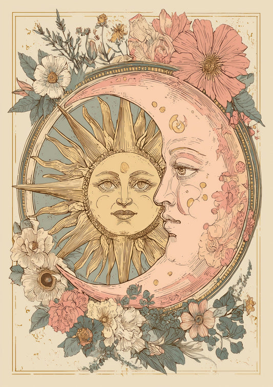Sun and Moon Print, Celestial Floral Wall Art