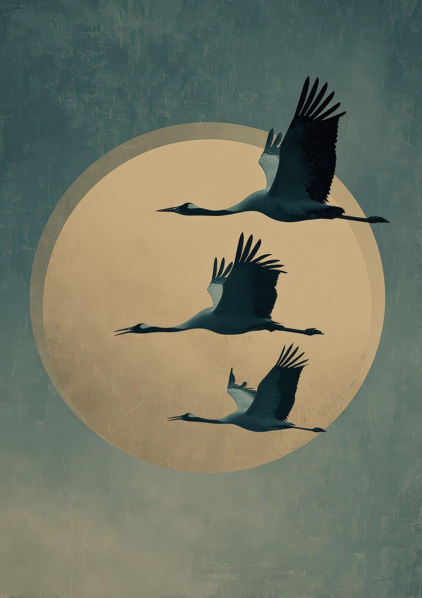 Cranes and Moon Print, Teal Japanese Wall Art