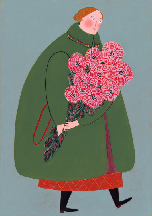 Woman in a Green Coat Print, Folk Figurative Wall Art