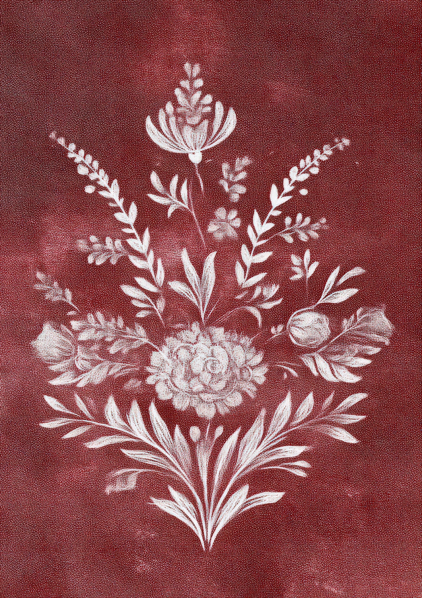 Red Floral Motif Print, Vintage Textile Wall Art