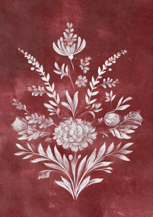 Red Floral Motif Print, Vintage Textile Wall Art