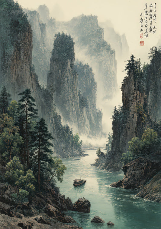 Mountain River Print, Japanese Landscape Wall Art