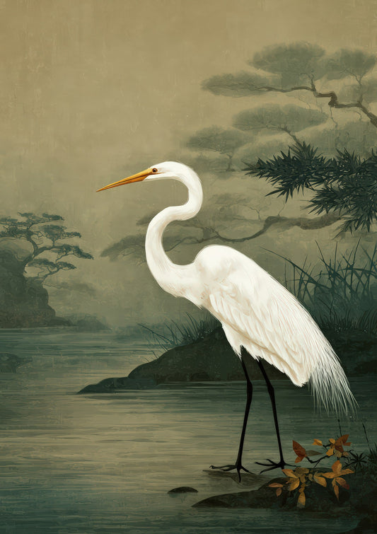 White Egret Print, Japanese Bird Wall Art
