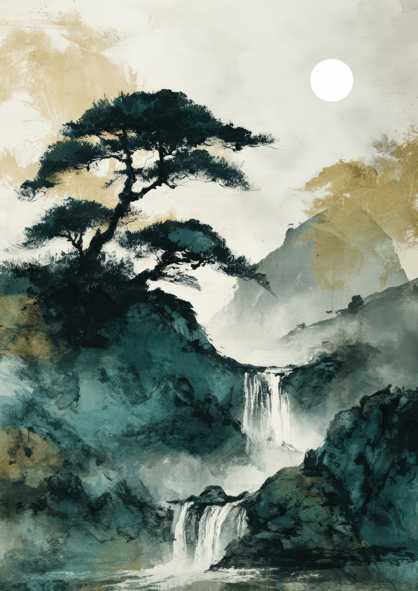 Pine and Waterfall Print, Japanese Landscape Wall Art