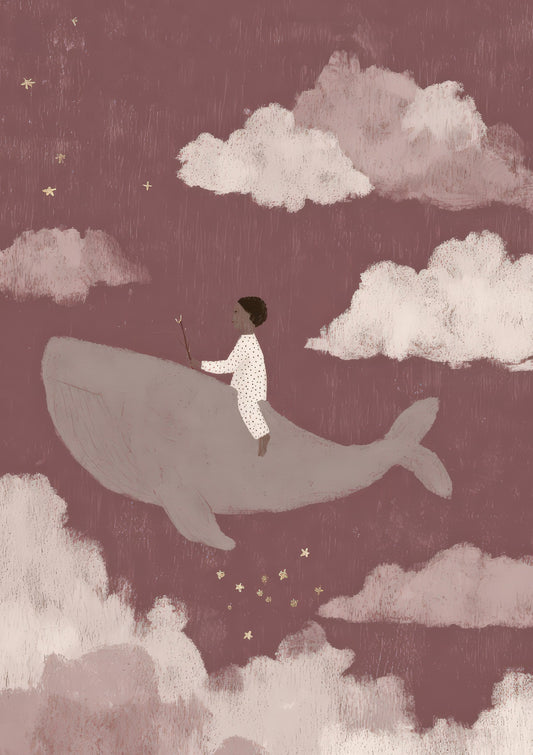 Whale and Pink Sky Print, Nursery Wall Art