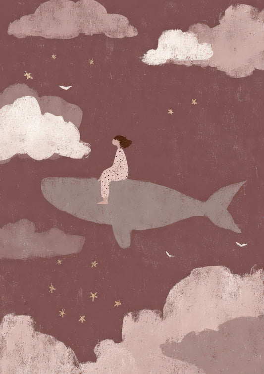 Whale in a Pink Sky Print, Dreamy Nursery Wall Art