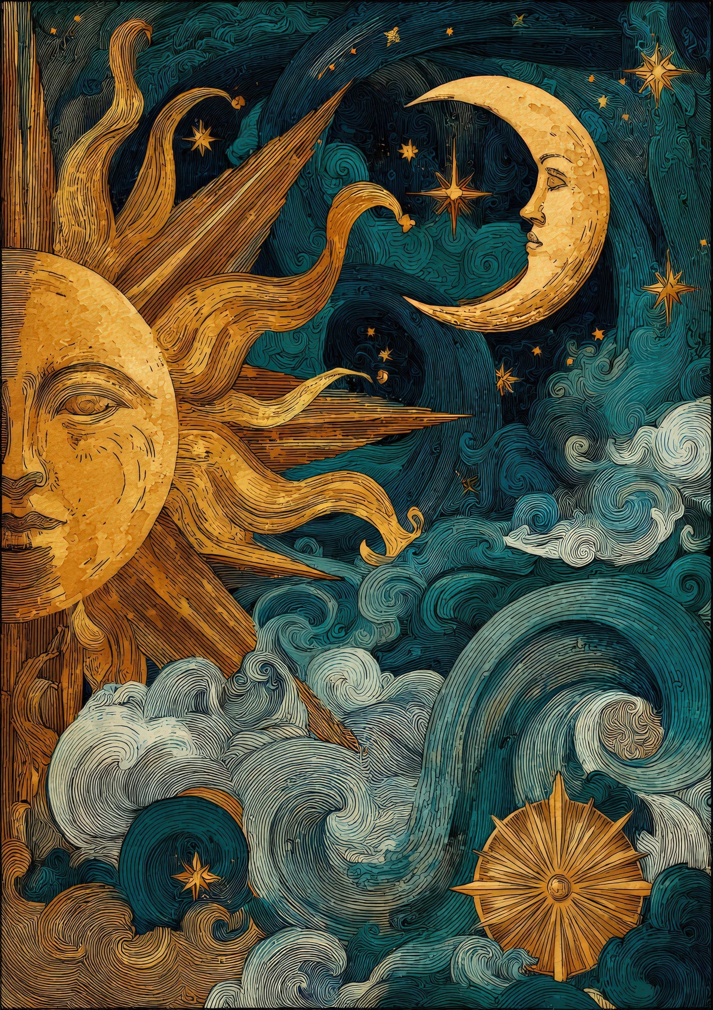 Sun and Moon Waves Print, Celestial Wall Art