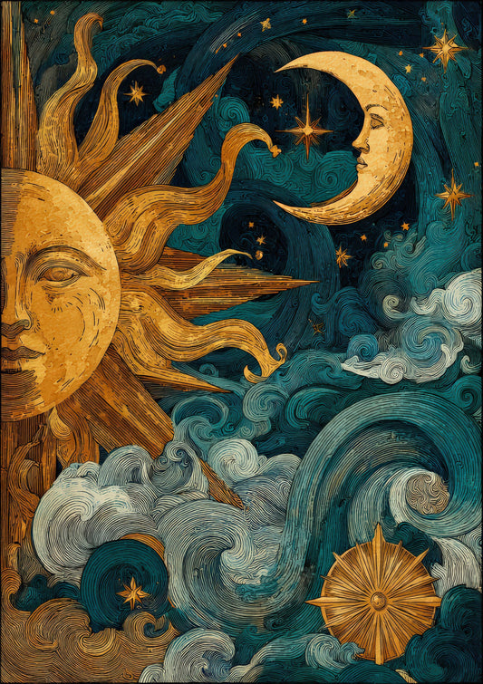 Sun and Moon Waves Print, Celestial Wall Art