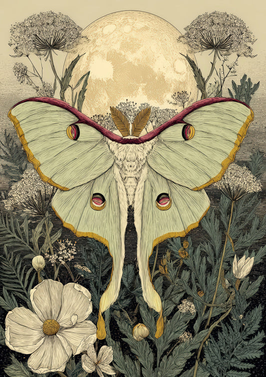 Luna Moth Print, Celestial Botanical Wall Art
